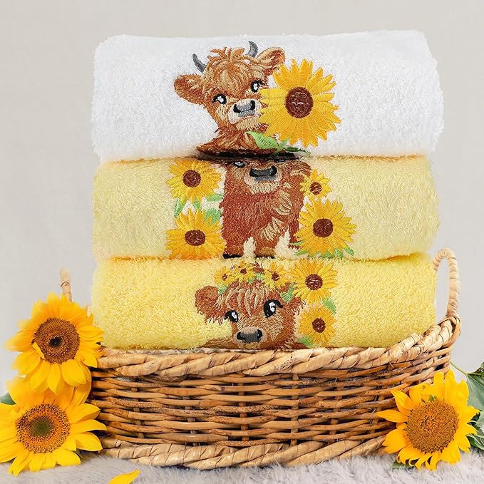 3 Pcs Sunflower Highland Cow Hand Towels Embroidered Highland Cow Farmhouse Yellow Decorative Bathroom Towels for Bathroom Kitchen Decor, 100% Cotton, 13.3 x 29.5''