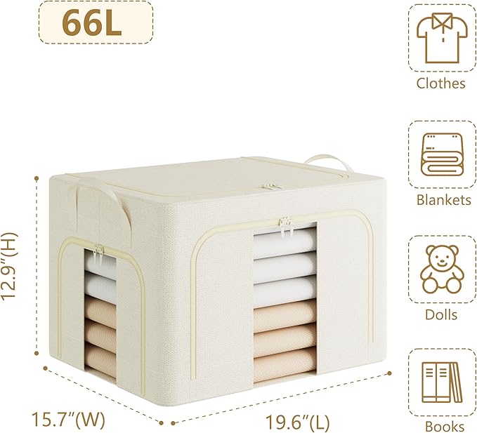 Pinkpum 3 Pack Clothes Storage Bins with Metal Frame, Closet Organizers and Storage Boxes, Stackable & Foldable Clothes Organizer Bags with Large Clear Window & Long Carry Handles, Beige 66L