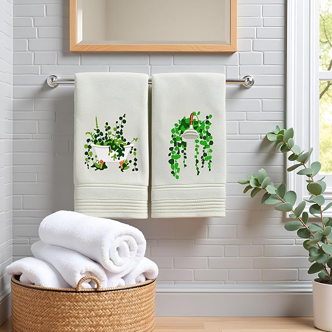 2pcs Eucalyptus Hand Towels for Bathroom Decorative Towels Set 100% Cotton Green Leaves Embroidered Botanical Spring Summer Floral Bath Towels Dish Kitchen Towels Kitchen Bathroom Decor Gift