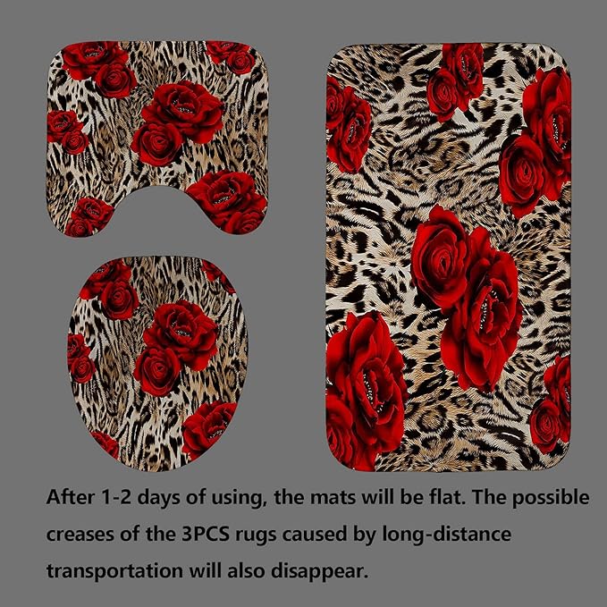 4PCS/Set Brown Leopard Print Shower Curtain, Romantic Red Rose Panthera Cheetah Safari Wildlife Wild Animal Skin Pattern Women Bathroom Decor, Non-Slip Bath Rugs Toilet Mats, Blooming Floral