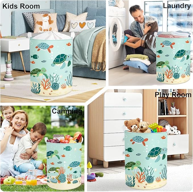 Sea Animals Laundry Hamper Ocean Fish Coral Large Storage Basket Parents Organizer Kids Clothes Toy Bins for Bedroom, Bathroom, Green Turtles, 63L