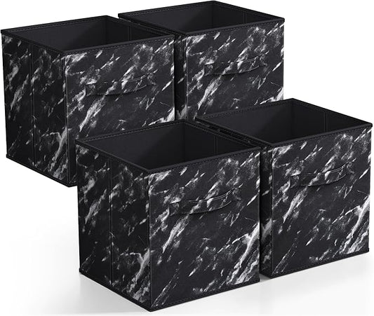 Sorbus Collapsible Fabric Storage Cubes - 11" Foldable Organization Baskets with Handle - 4 Black Marble for Pantry, Closet, Nursery, Dorm, Toy Storage