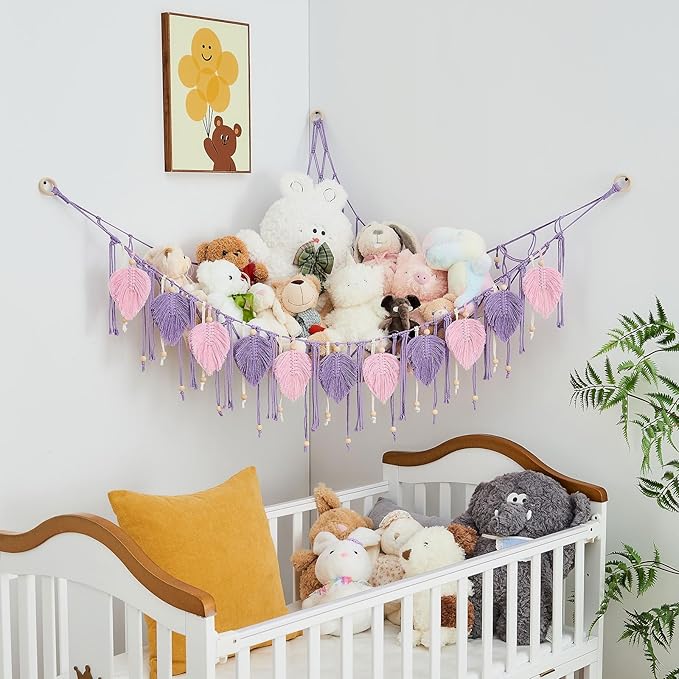 Pretty Jolly Macrame Stuffed Animal Hammock with Beads Hand Woven Leaf Tassels Corner Hanging Net Boho Plush Holder for Toys Kid Room Nursery Decor Easy Install Organizer for Girls Gift(Purple)