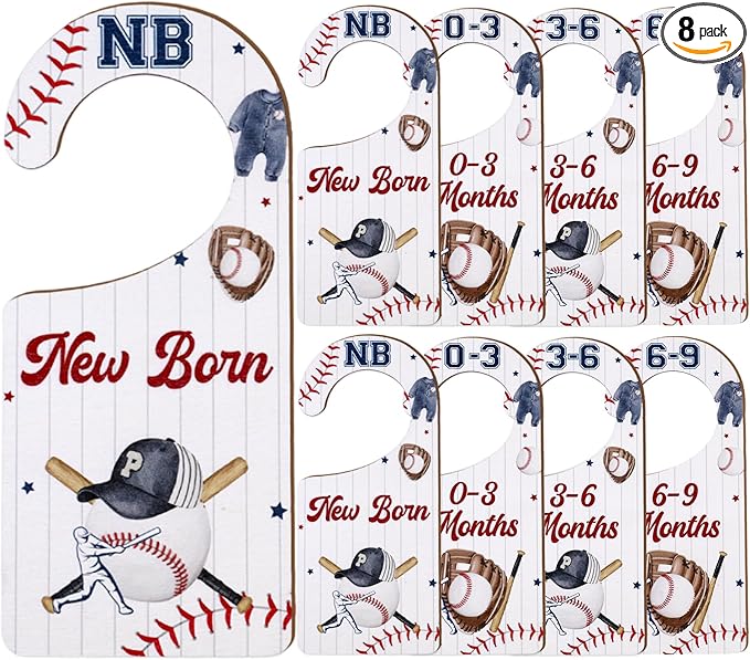 Baby Closet Dividers 8PCS, Baseball Theme Wooden Double-Sided Clothes Size Hanger Organizer from Newborn to Toddler for Nursery Decor Baby Shower Birthday Gift (Includes Gift Box)