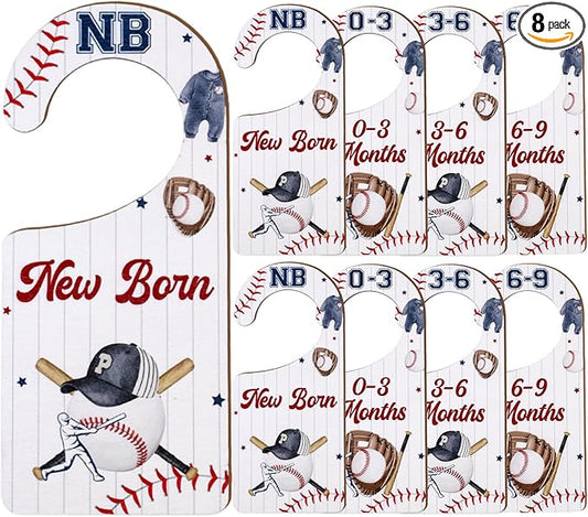 Baby Closet Dividers 8PCS, Baseball Theme Wooden Double-Sided Clothes Size Hanger Organizer from Newborn to Toddler for Nursery Decor Baby Shower Birthday Gift (Includes Gift Box)