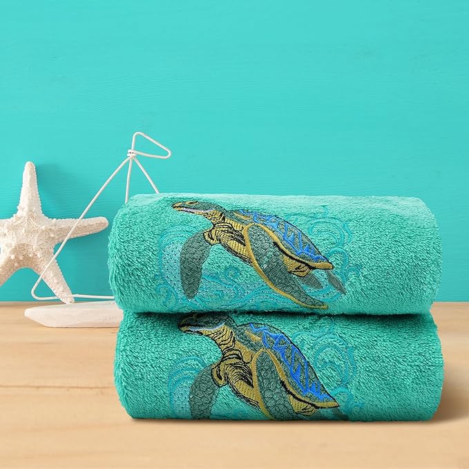 2 Pcs Sea Turtle Hand Towels Teal Bathroom Decor 14x29 Inch Embroidered 100% Cotton Soft Absorbent Spring Summer Decorative Hand Towels for Bathroom Kitchen