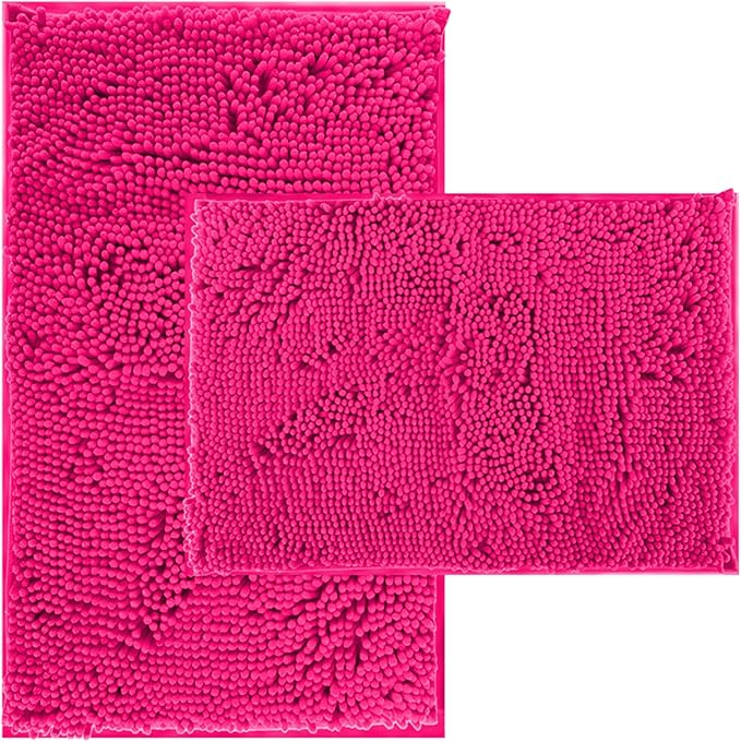 Hot Pink Chenille Striped Bath Rug Set - 20" x 32"/16" x 24" Non Slip Thick Soft Bath Mats for Bathroom, Kitchen/Living Room