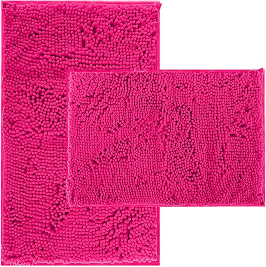 Hot Pink Chenille Striped Bath Rug Set - 20" x 32"/16" x 24" Non Slip Thick Soft Bath Mats for Bathroom, Kitchen/Living Room