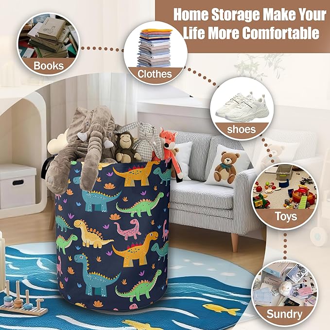 Dinosaurs Laundry Baskets,Colorful Dinosaurs Laundry Hamper,Storage Basket with Handles for Bathroom Bedroom College Dormitory Living Room Nursery Organizer 16"x20.8"