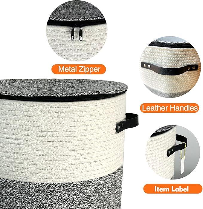 Cotton rope Storage Basket with Zipper cover & Woven baskets with Lid easy to move Multi-Purpose Storage Basket for Living Room, 13 x14 inches(Grey+White)