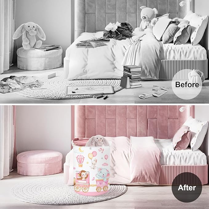 Clastyle Collapsible Large Pink Train Animals Kid Laundry Hamper for Girl Flower Elephant Lion Clothes Toy Storage Basket with Lid for Nursery