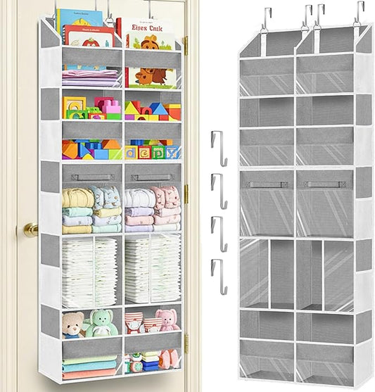 Over the Door Organizer 5 Tiers with Removable Drawers, Extra Large Door Storage of 6 Compartments & 2 Diaper Storage, Double-Column Clear Window Door Hanging Organizer for Nursery,Closet,Pantry(Gray)