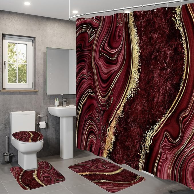 4PCS Burgundy Red Marble Shower Curtain Sets with Rugs, Abstract Bathroom Sets with Shower Curtain and Rugs, Gold Bathroom Curtains Shower Set with Toilet Lid Cover Accessories
