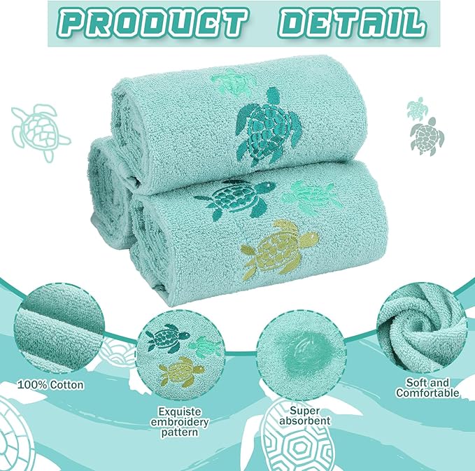 3 Pack Sea Turtle Coastal Hand Towels for Bathroom 100% Cotton Embroidered Beach Bathroom Towels 13.78 x 29.53 Inch Soft Absorbent (Green, Sea Turtles)
