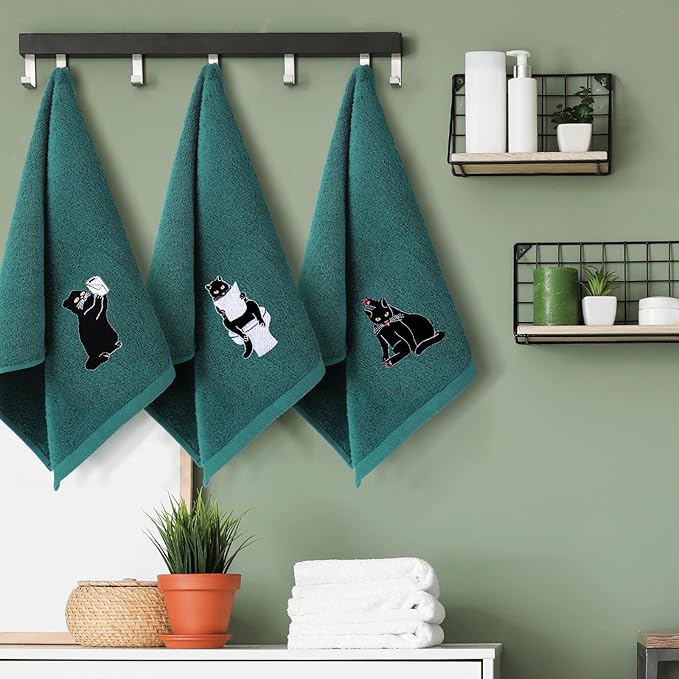 3 Pcs Cat Hand Towels for Bathroom Decor Funny Embroidered Black Cat Halloween Decorative Dark Green Bath Dish Towels for Bathroom Kitchen Decor, 100% Cotton, 13.3 x 29.5''