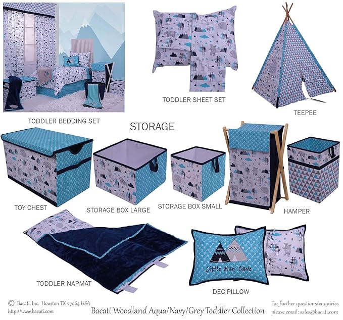 Bacati – Small Storage Tote Woodlands Animals Aqua/Navy/Grey 10X 10 X 10 inches