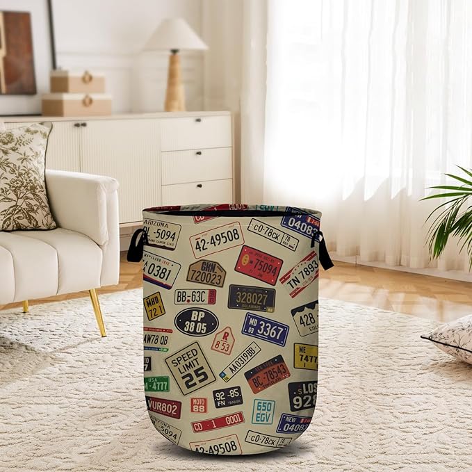 Colourful Car Number Plates Laundry Basket, Laundry Hamper Collapsible Oxford Cloth with Handle Clothes Toy Storage Bin for Bathroom Laundry Room Bedroom 15.7 X 20 Inch