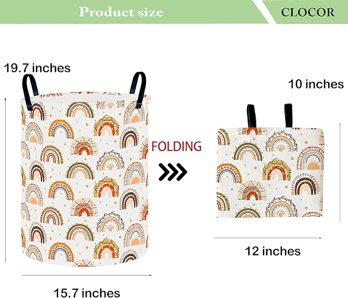CLOCOR Round Collapsible Flat Storage Basket,Space-Saving Fabric Laundry Hamper for Clothes,Nursery Hamper,Gift Basket(Unique Rainbow)
