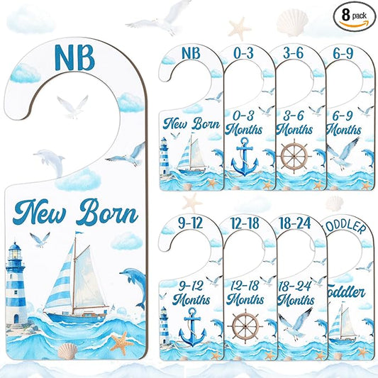 Baby Closet Dividers 8PCS, Nautical Themed Wooden Double-Sided Clothes Size Hanger/Organizer from Newborn to Toddler for Nursery Decor Baby Shower Birthday Gender Reveal Party Gift