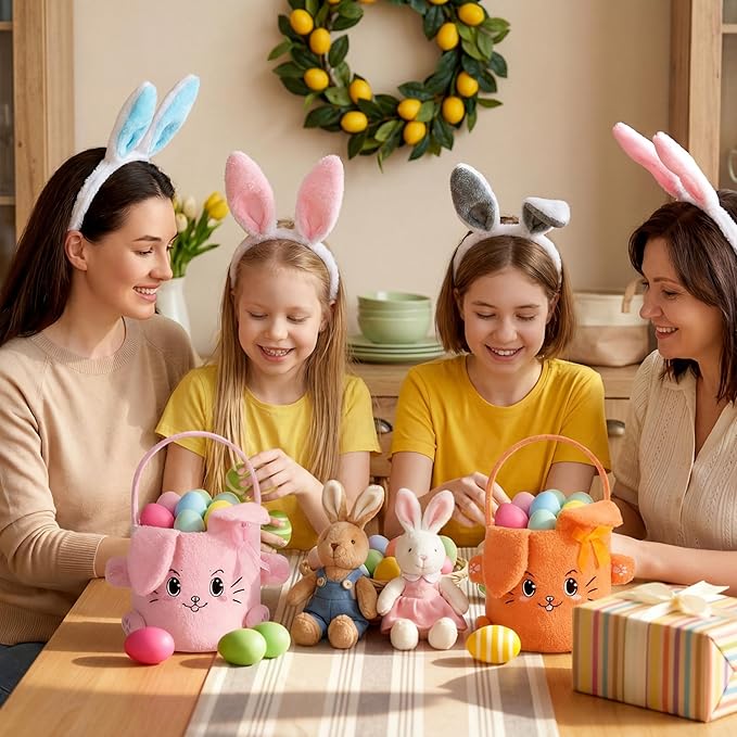 Mimorou 3 Pack Plush Bunny Easter Basket Sherpa Easter Bucket with Rabbit Ears Decorative Bow Large Bunny Tote Bags Ideal for Egg Hunt, Party Favors, Decorations & Storage (Orange Pink and Yellow)