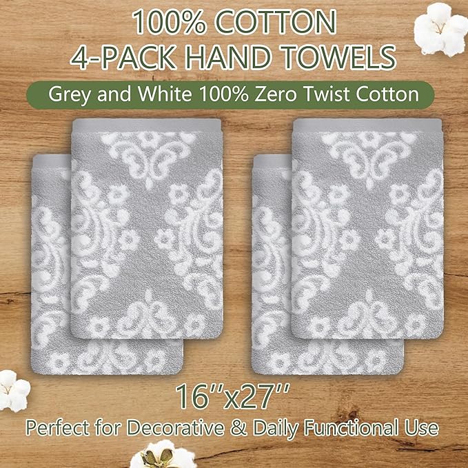 Hand Towels for Bathroom, 16" x 27" - Cotton | Quick Dry | Lightweight | Soft | Absorb, Grey Bathroom Hand Towels Set of 4, Decorative Hand Towel, Damask Towel Gift Set - Gray and White Patterned