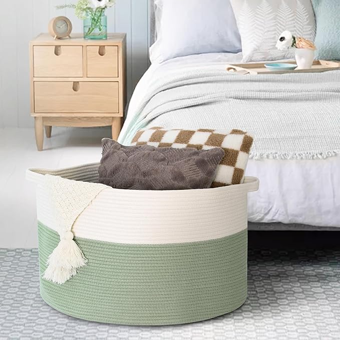 Extra Large Blanket Basket, 22" X 22" X 14" Kids Dog Toy Storage Bin Box, Nursery Baby Toddler Toy Organizer, Soft Cotton Rope Woven Bin, Large Basket for Blankets for Living Room, Green