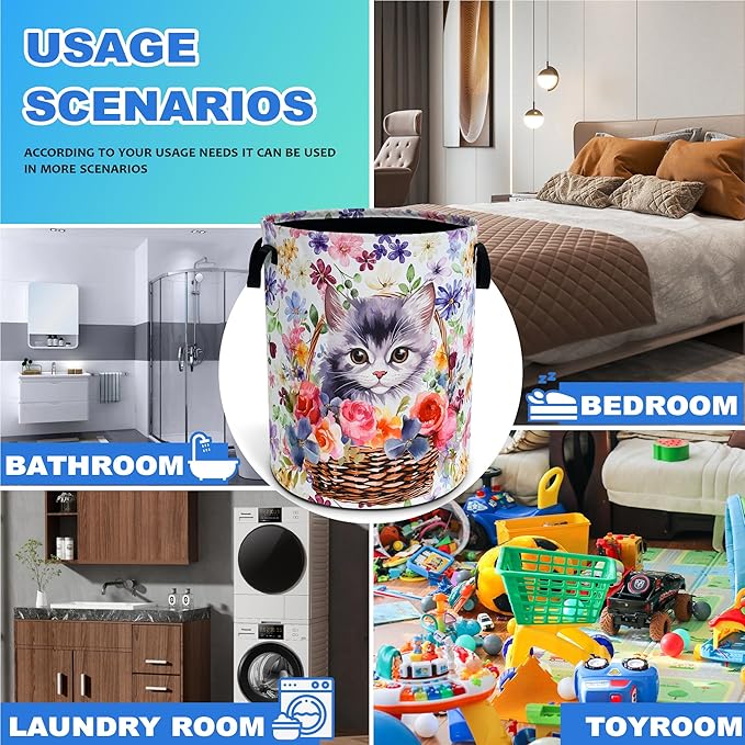 Cute Cat Laundry Basket Flowers Animal Oxford Cloth Laundry Hamper With Handle Foldable Portable Clothes Storage Basket 18.9 X 16.5 In Storage Bag For Laundry Room/Bathroom/Bedroom/Dormitories