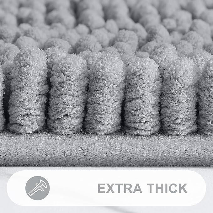 Grandaily Chenille Striped Bathroom Rugs 47x20, Extra Thick and Absorbent Bath Mats, Non-Slip Soft Plush Shaggy Shower Carpet, Machine Wash Dry, Bath Rug for Bathroom, Light Grey