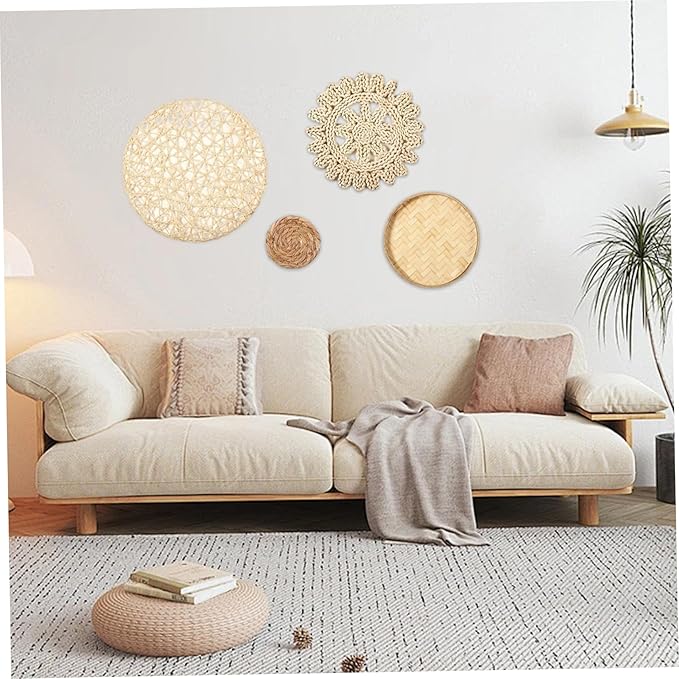 Boho Wall Baskets 7Pcs/Set Different Size & Style Boho Wall Basket Decor Straw Woven & Round Decorative Art for Living Room, Bedroom, Farmhouse, Nursery.
