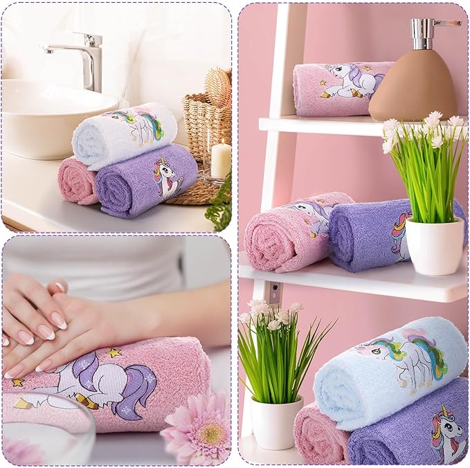 3 Pcs Unicorn Hand Towels 14 x 29 Inch Cotton Colorful Embroidered Unicorn Rainbow Bath Towels Decorative Absorbent for Home Drying Cleaning Cooking Gift