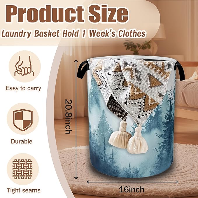 Misty Forest Laundry Baskets,Laundry Hamper,Storage Basket with Handles for Bathroom Bedroom College Dormitory Living Room Nursery Organizer 16"x20.8"