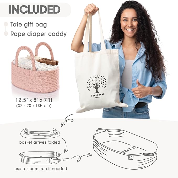Baby Changing Basket Includes Diaper Caddy - Soft & Waterproof Dual-Cover, Portable, Changing Pad for Dresser & Changing Table, Gift for Baby Shower, Organic Cotton Rope