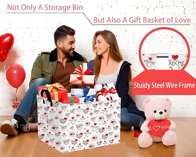 Large Valentine's Day Basket Heart Shaped Storage Bin for Gifts Collapsible Organizer Room Decor (Fireworks Res Love)