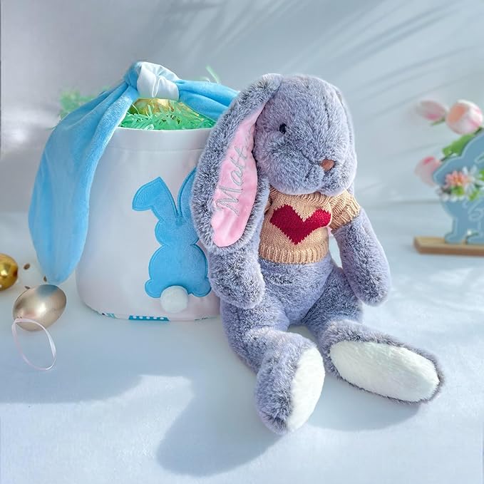 Easter Bunny Basket Bags, Rabbit Bucket Tote for Easter Egg Hunts Decorations Candy Gifts Storage (Pink, Blue, Polka Dots) (Blue)