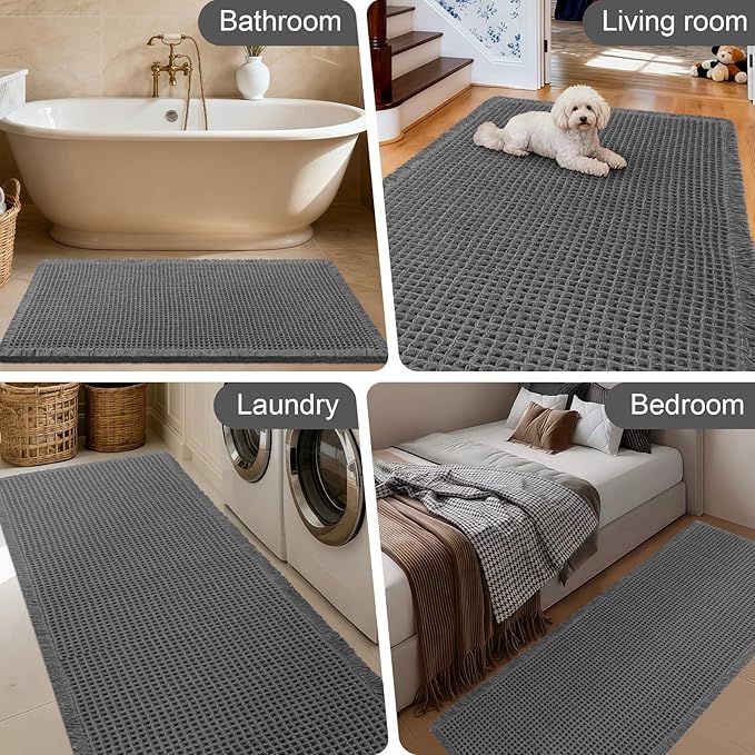 ACCUMTEK Extra Large Waffle Bath Mat, 5'x2' Grey, Super Absorbent Non-Slip Quick Dry Bathroom Rugs with Tassels, Machine Washable Ultra Soft Boho Bath Rugs for Floor, Toilet Mats Boho Farmhouse Decor