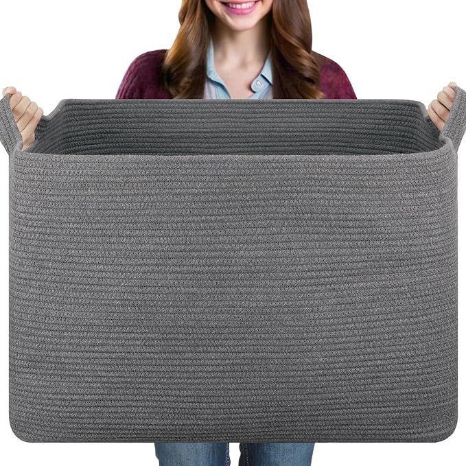 108L Extra Large Blanket Basket, 24.8" x 16.2" x 16.2" Rectangle Woven Storage Baskets for Living Room, Nursery, Bedroom, Toy Basket with Handle (Dark Grey)