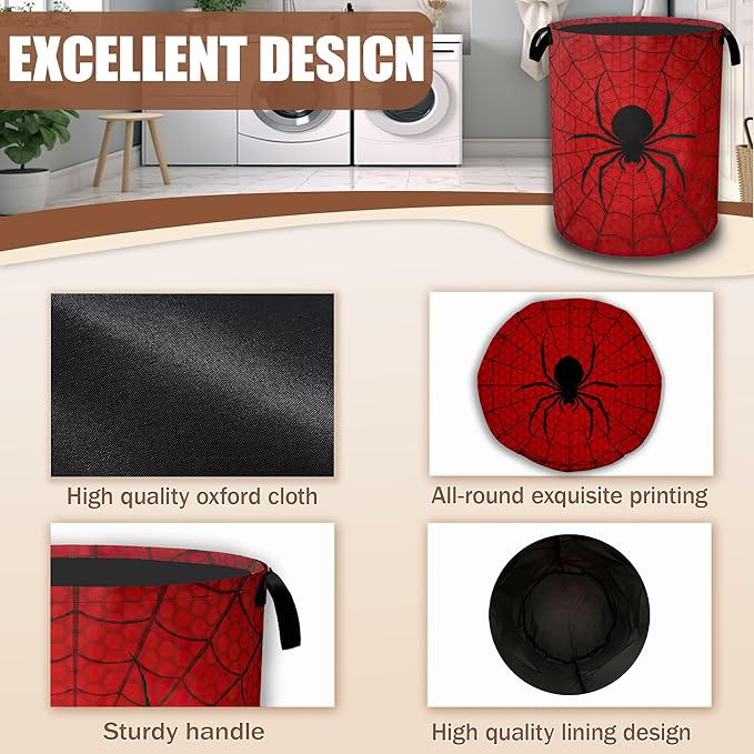 Red Spider Web Laundry Baskets,Laundry Hamper,Storage Basket with Handles for Bathroom Bedroom College Dormitory Living Room Nursery Organizer 16"x20.8"