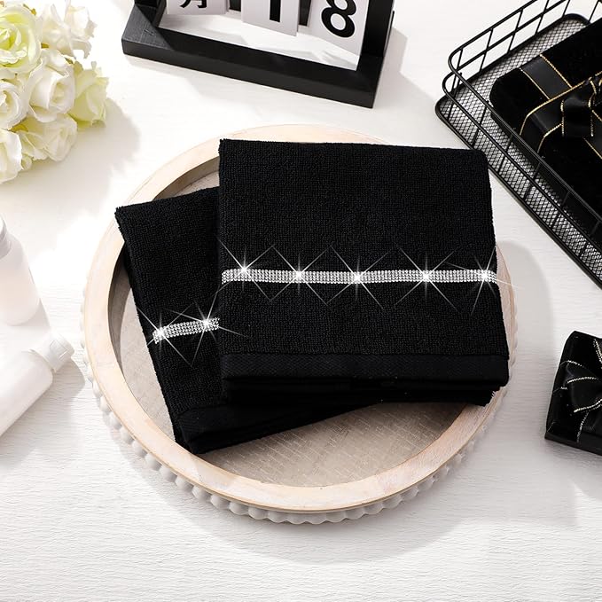 2 Pcs Black Sparkling Hand Towels with Rhinestones for Bathroom 100% Cotton Glitter Soft Elegant Hand Bath Towels Absorbent Machine Washable for Spa Yoga Hotel Sport, 29.5" x 13.8"