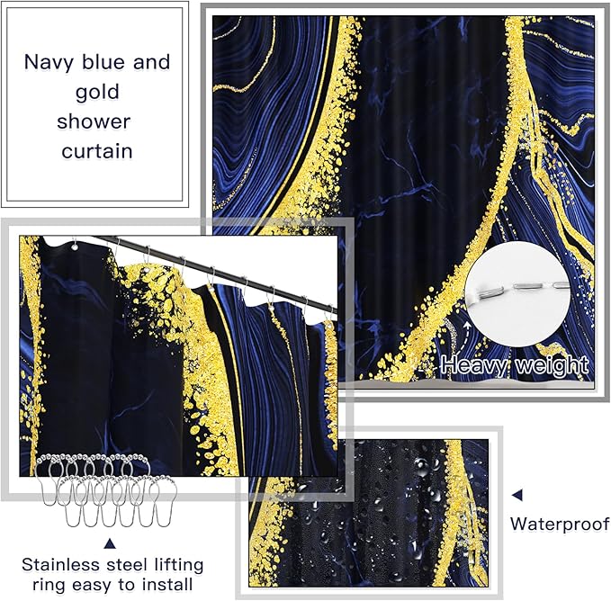 25PCS Bathroom Accessory Set, Navy Blue Bathroom Set with Large-Capacity 4 Gallon Trash Can,Bathroom Rugs Set, Waterproof Shower Curtain, Toilet Brush, Toothbrush Holder & Soap Dispenser