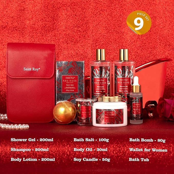 Christmas Spa Gift Set For Women, Birthday Gifts for Her, Spa Gift Basket for Women, Red Rose Bath and Body in Floral Scents Bath Kits, Home Spa Gift Basket, Bath Spa Kit for Mothers day Bath Lotion