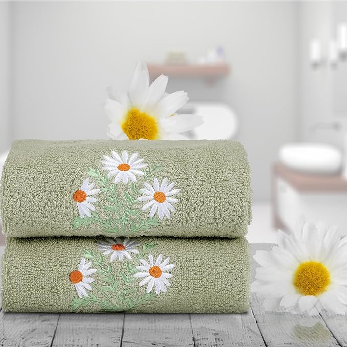 2 Pcs Daisy Flower Hand Towels Gray Green Bathroom Decor 14x29 Inch Embroidered 100% Cotton Soft Absorbent Spring Summer Decorative Hand Towels for Bathroom Kitchen