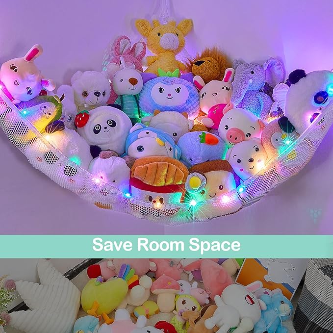Unicorn Castle Stuffed Animals Net or Hammock Kids Toy Storage Organizer with LED Light Hanging Corner Stuffed Animals Holder Kids Girls Room Decor,White,Large (Pack of 2)