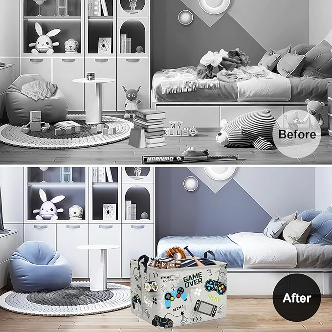Clastyle Cool Game Storage Basket Kid Game Controller Clothes Laundry Hamper Collapsible Boy Toy Box for Nursery Palyroom,Gray,40 * 30 * 30 cm