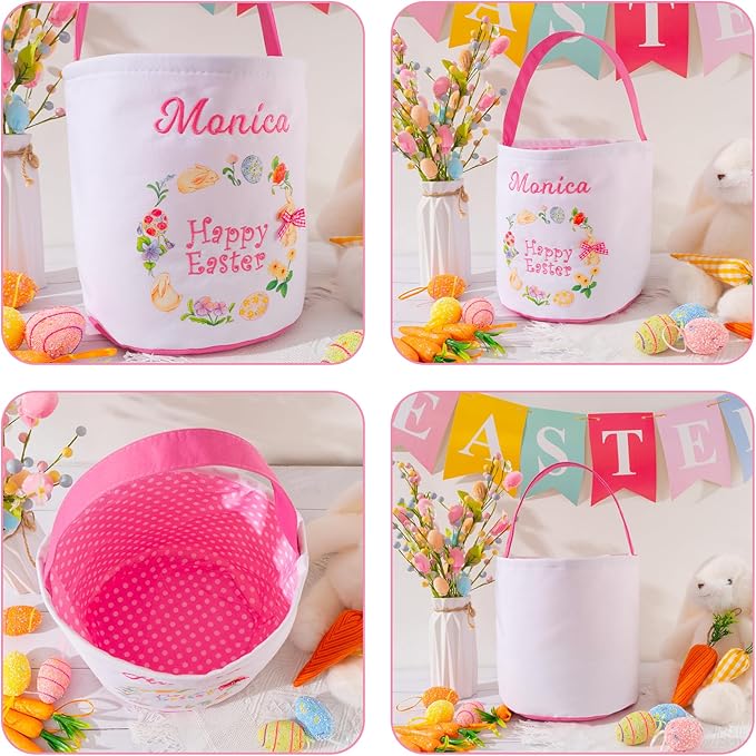 MT WORLD Toddler Easter Basket Personalized Easter Egg Bucket for Kids with Embroidered Name Pink Bunny Bucket Custom Candy Tote Bag for Baby Girls Candy Gifts Bucket