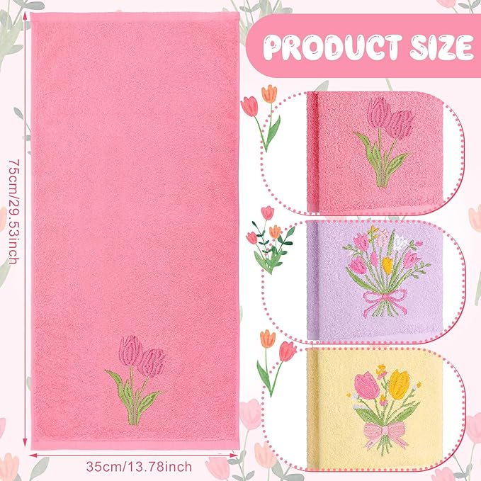 3 Pcs Tulips Bouquet Hand Towels Spring Pink Tulips Flower Bath Towels 14 x 29 Inch Floral Embroidered Decorative Cute Spring Summer Cotton Soft Absorbent Decor for Bathroom Kitchen Farmhouse