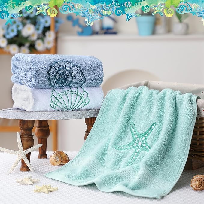 3 Pack Coastal Hand Towels for Bathroom 100% Cotton Embroidered Beach Bathroom Towels 13.8 x 29.5'' Seashell Starfish Conch Blue Finger Towel Nautical Decorative Towel Gift for Summer Holiday