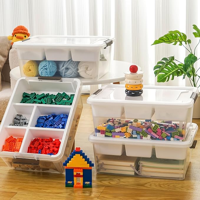 Plastic Storage Box with Removable Tray Craft Organizers and Storage Clear Storage Container for Organizing Bead, Tool, Sewing, Playdoh (White, 2Pack-17QT)