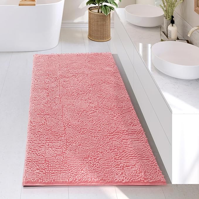 Hearth & Harbor Bathroom Rugs, Chenille Bath Mat - Machine Washable Bath Mats for Bathroom Non-Slip Backing Rubber, Quick Dry Bathroom Mat, 26 x 44 - Pink
