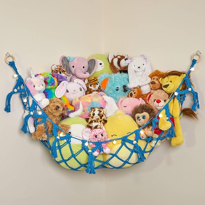 Stuffed Animal Storage Macrame Hammock w/String Lights, Large - Boho Room Decor Toy Storage - Corner Hanging Plushie Stuffed Animal Net Organizer (Blue)