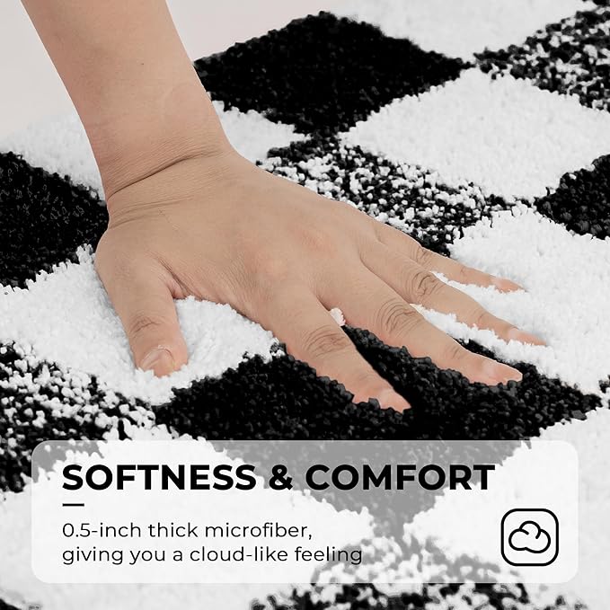 GRANNY SAYS Checkered Black Bathroom Rugs, 48" x 24", Non-Slip Bath Mats for Bathroom, Plush Shag Absorbent Microfiber Ultra Soft Bath Mat, Cute Washable Rug for Tub, Shower, Bedroom